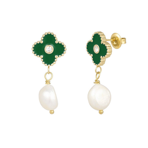 oorbellen groene bloem met parel hanger